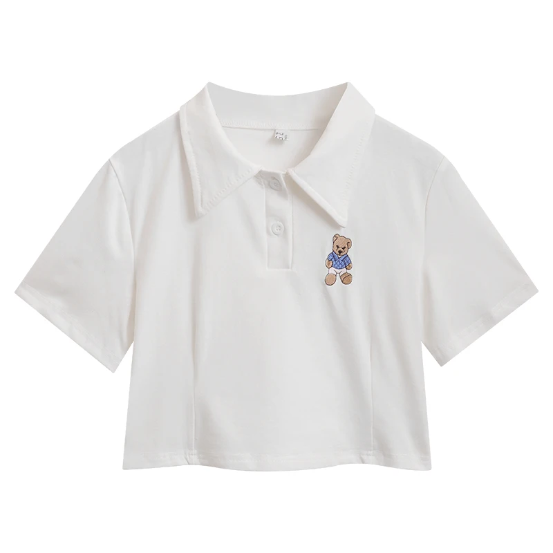 

White Summer Casual Style Short Sleeve Tshirts for Women Little Bear Embroidery Lovely Tops Turn Down Collar Fashionable Tees