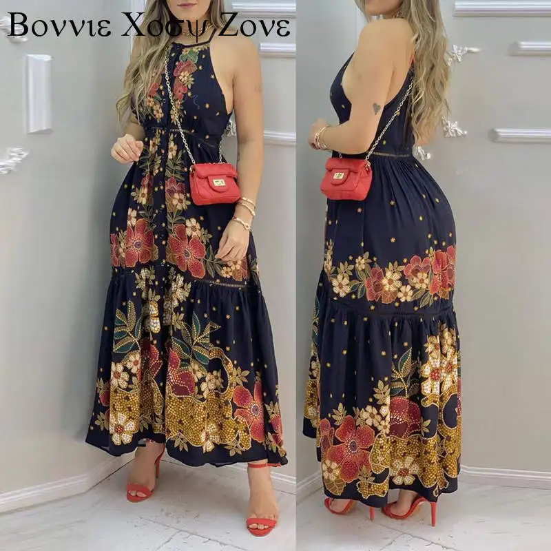

Women Summer Floral Print Sleeveless Maxi Dress Boho A Line Sleeveless Vacation Dress