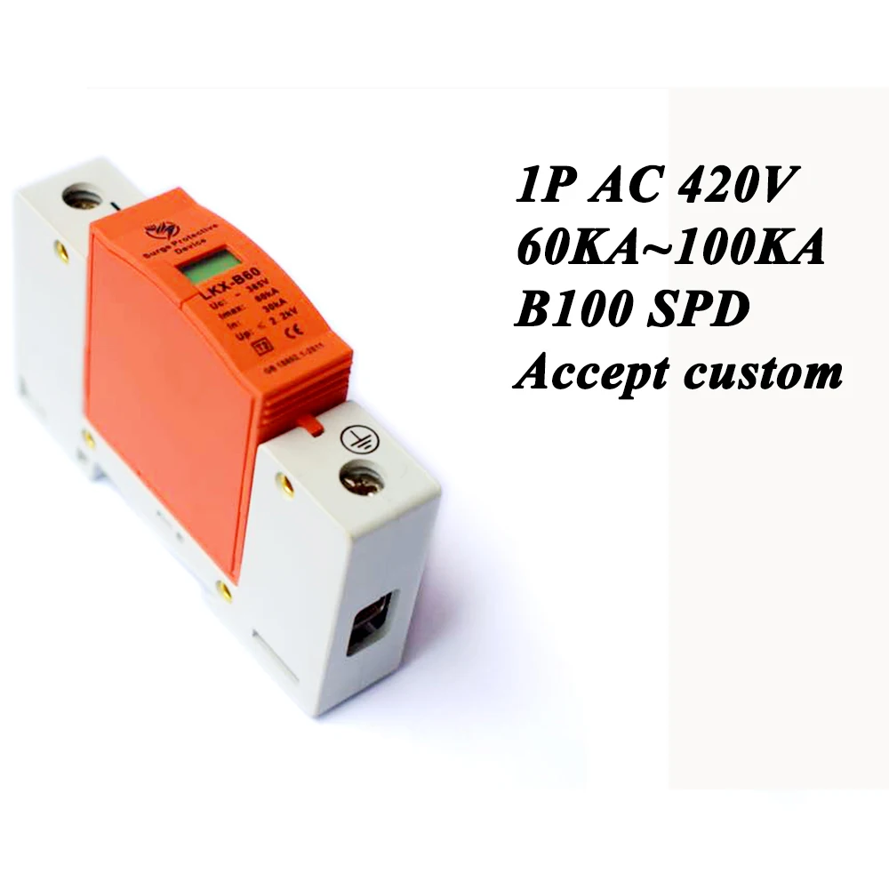 B100-1P 60KA~100KA ~420V AC SPD House Surge Protector Protective Low-voltage Arrester Device Lightning protection | Обустройство дома
