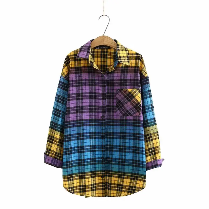 

Plus size patchwork Plaid warm cotton women loose shirts 2021 new winter casual ladies shirt female purple blouse tops