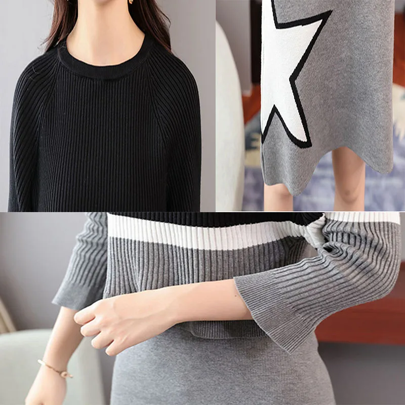 

Fashion Knitted Sweater Suit Skirt Women New Autumn Elegant Slim Soft Patchwor Color Knitted Sweater + A-line Skirt Suit Skirt