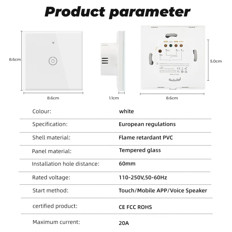

Tuya EU 20A Wifi Touch Wall Switch Glass Panel Water Heater Refrigerator Light Smart Touch Switches Works with Alexa Google Home