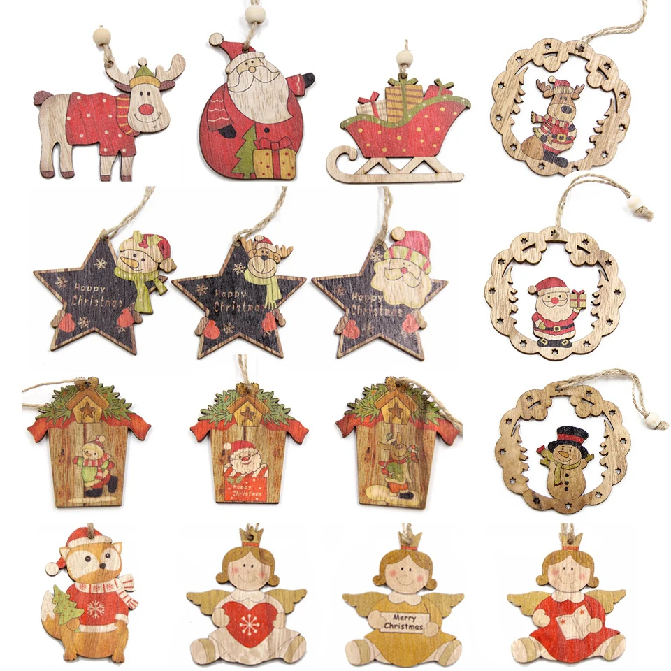 

3PCS Multi Styles Christmas Wooden Pendants Tree Ornaments DIY Wood Craft Xmas Gifts Hanging Ornaments Christmas Decorations