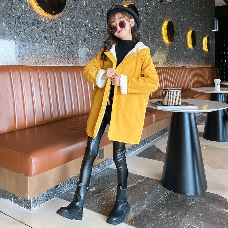 

Children Jackets Tops Thick Warm Long Outerwear Kids Teens Hooded Basic Jacket Girl Coat Mid-length Two Side Reversible Clothing