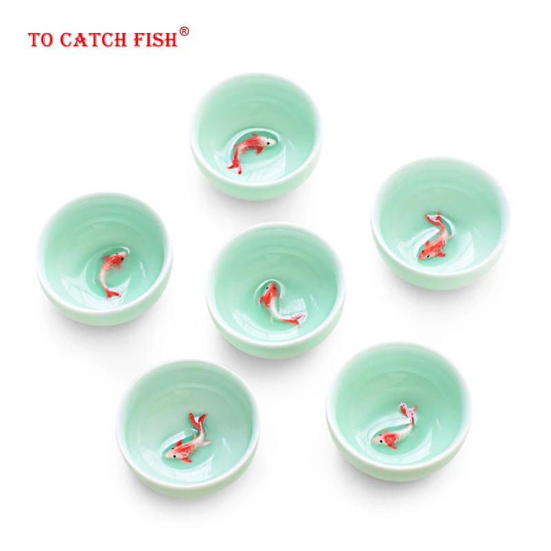 

Новый дизайн, чайный набор из 6 предметов "Золотая рыбка" из селадона, набор чайных чашек для кунг-фу, кракелюр, глазурь, чайная чашка для путе...