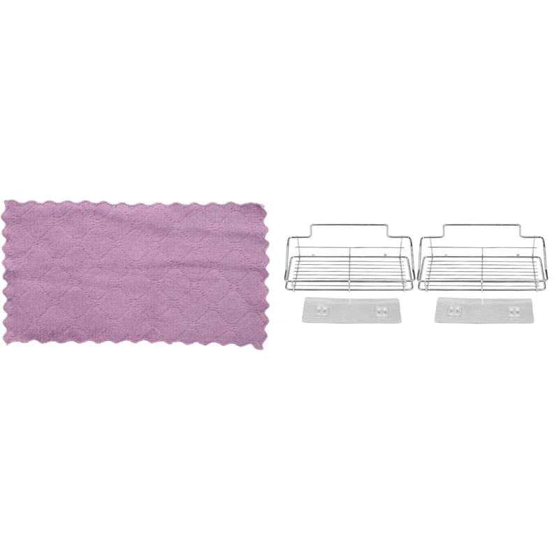 

2X Bathroom Shelf, Wall Mounted Shower Caddy Traceless Adhesive & 10Pc Super Absorbent Microfiber Kitchen Dish Cloth