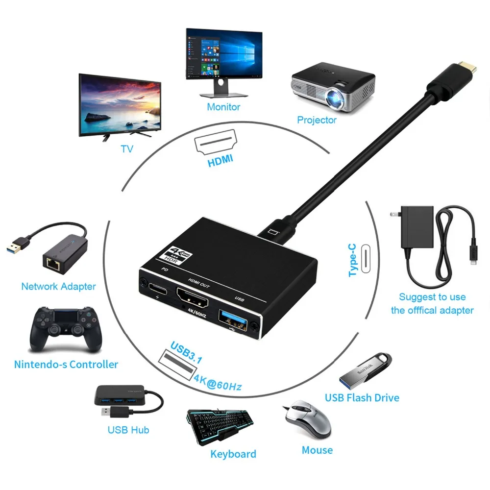 USB C 3 0 концентратора многопортовый адаптер HDMI с поддержкой 4K 60 гц 30 Гц 100W PD