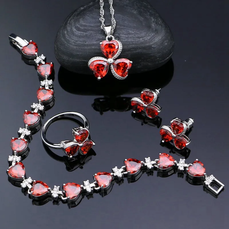 

Наборы украшений из серебра 925 пробы для женщин, кольцо с подвеской в форме сердца красного цвета, серьги с цирконием кубической огранки