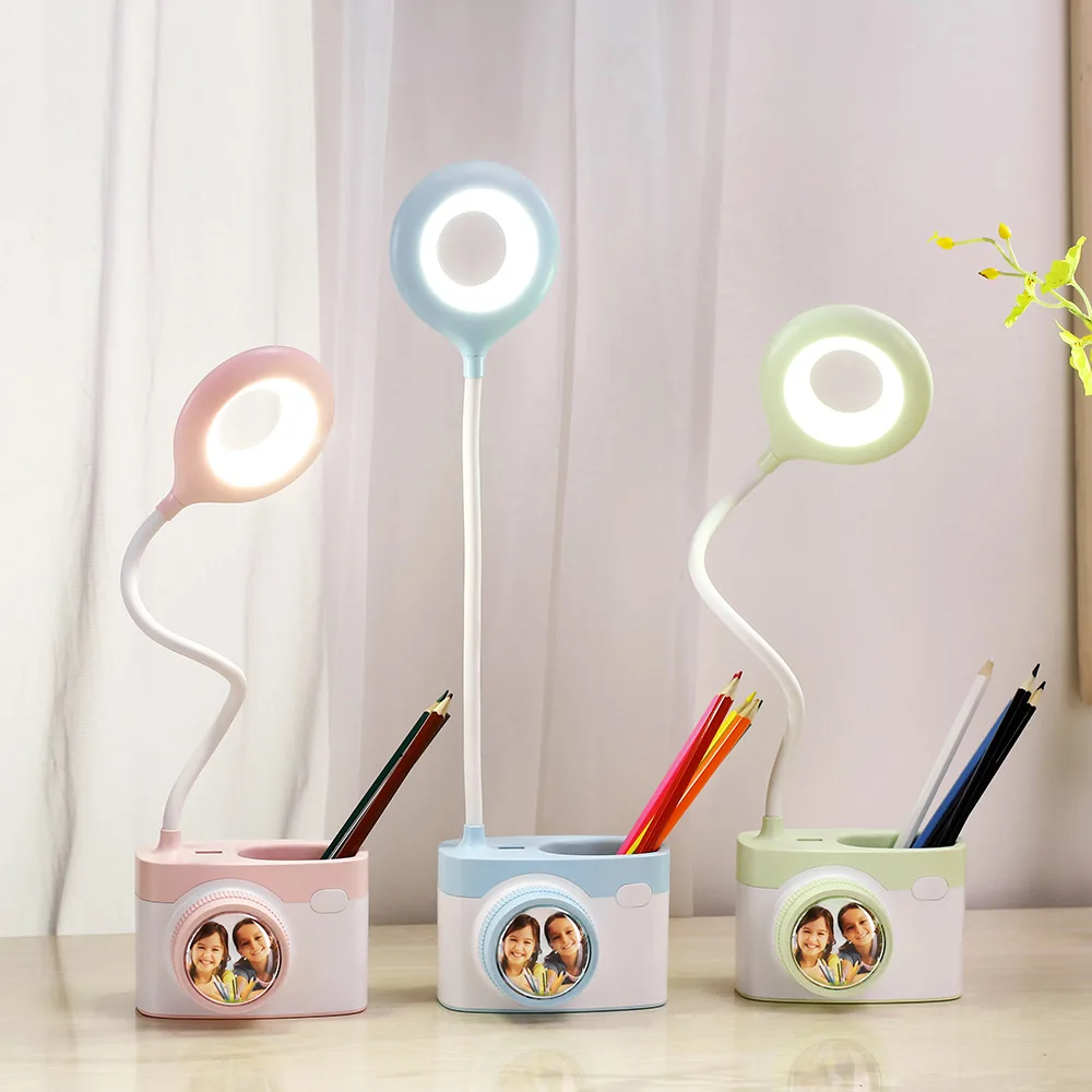 

LED camera table lamp with pen holder USB expansion port charging electrodeless dimming desk lamp bedroom bedside night light