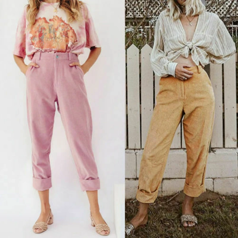 

Vintage Macaron color TOPS Women Casual Loose Solid Elastic Mid Waist Harem Corduroy Pocket Trousers Pants 2019