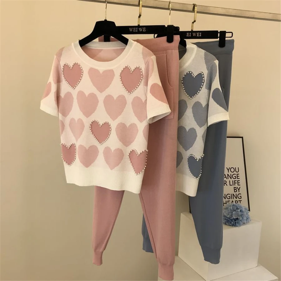 

Fashion Love Printing Short Sleeve Knit 2 Peice Set Beading Sweater T-Shirt + Solid Harem Pants Korean Summer Women's Tracksuit