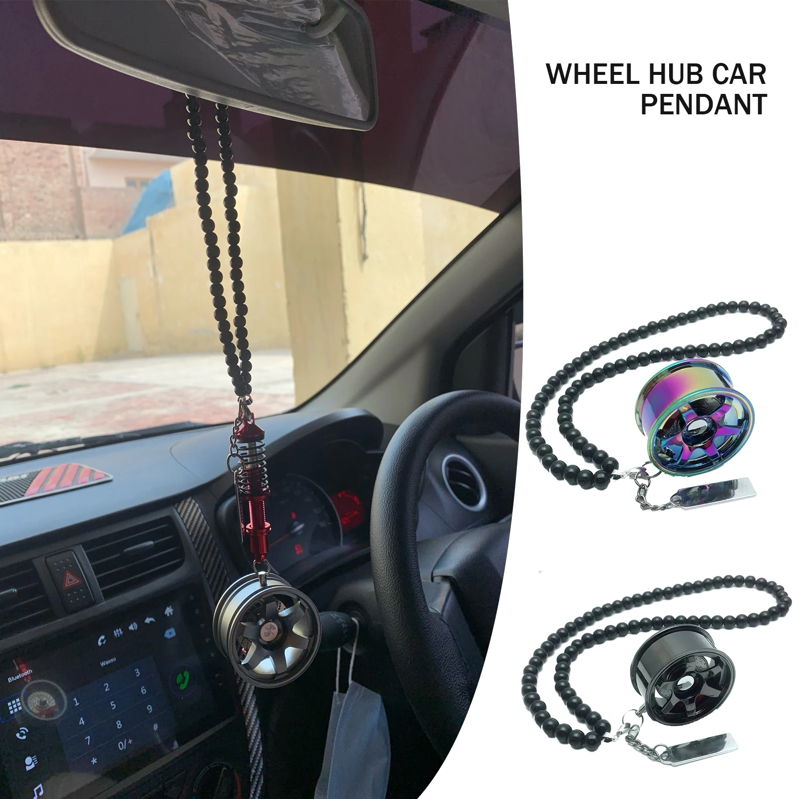 

Car Styling Rearview Mirror Pendants Ornaments Aluminum Alloy Wheel Hub Rubber Tire Interior Hanging Key Chain For Rearview Car