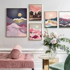Японский пейзаж с оттенками цветущей вишни, постеры, Картина на холсте с изображением розового восхода и гор, настенные картины, декор для комнаты и дома
