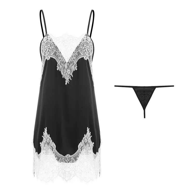 

Women's Sexy Lingerie Deep V Lace See-through Stitching Satin Slip Dress Private Pajamas Set sexy dress porno erotic