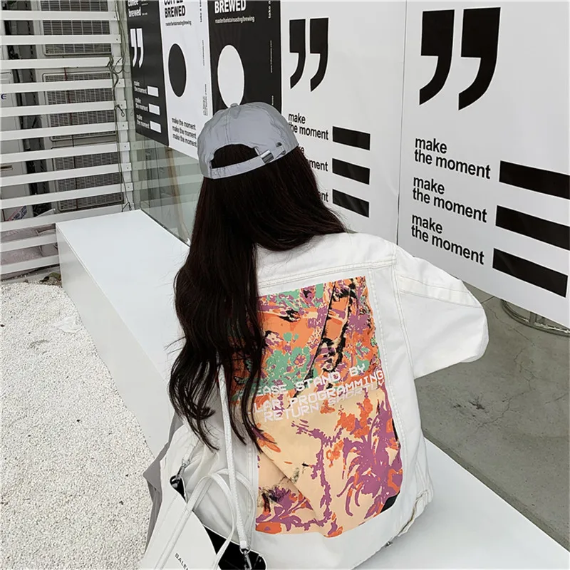 

2020 New Arrivals Spring Chic Fashion Streetwear Korean Style Casual Print Floral White Denim Long-sleeves Sipmle Basic Jackets