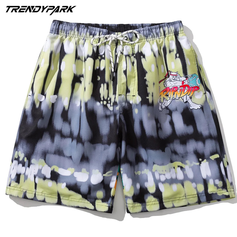

Men's Beach Short Tie-dye Cartoon Printed Summer Hip Hop Oversize Pockets Streetwear Harajuku Drawstrings Casual Board Shorts