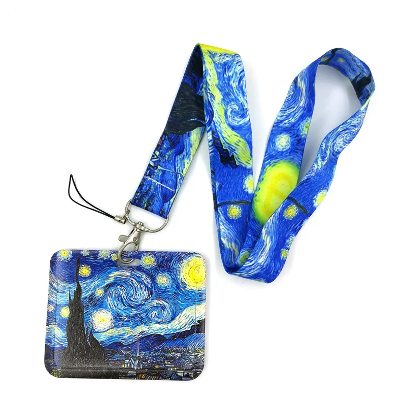 

Van gogh Oil Painting Starry Sky Lanyard Credit Card ID Holder Bag Student Women Travel Card Cover Badge Keychain Decorations