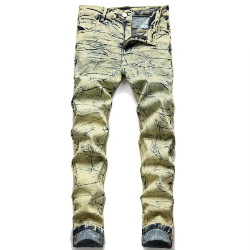 High Street Fashion Men Hole Stacked Jeans Motorcycle Pant Ripped Tights Jeans Men Tie dye Denim Pants