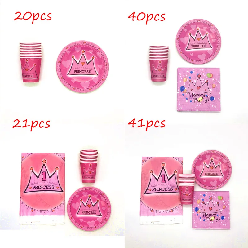 

41pcs/lot Pink Crown Theme Cup Plate Napkin Tablecloth Girls Birthday Party Decoration Baby Shower Supplies Disposable Tableware