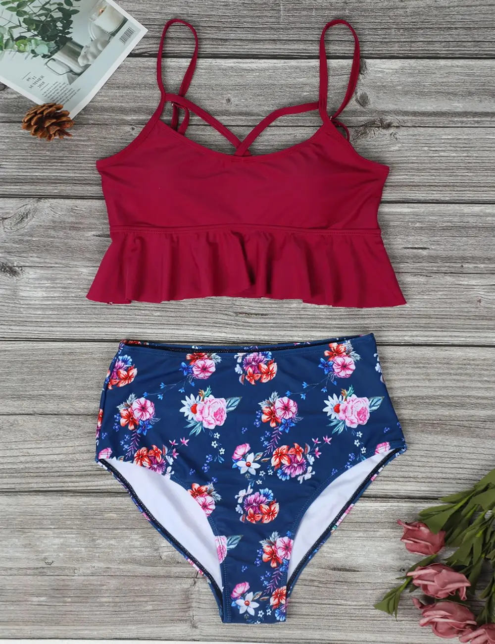 Женский купальник для беременных с цветочным принтом и шнуровкой из двух частей