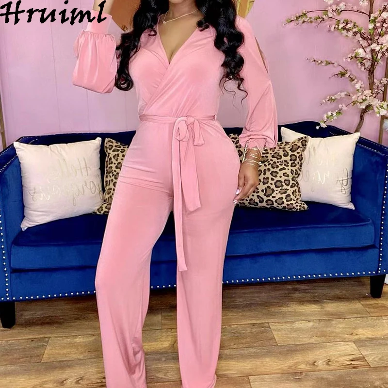 

Elegant Jumpsuit Solid Color Long Sleeve High Waist Bandage Wide Leg Jumpsuit Office Lady Party Club Streetwear Romper Ladies