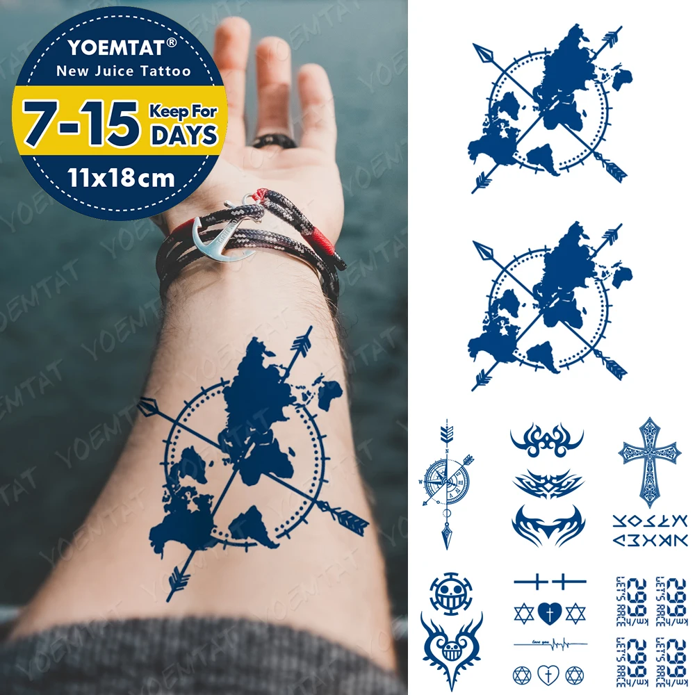 

Juice Lasting Waterproof Temporary Tattoo Sticker Clock Arrow Map Compass Cross Flash Tattoos Female Ink Body Art Fake Tatto Men