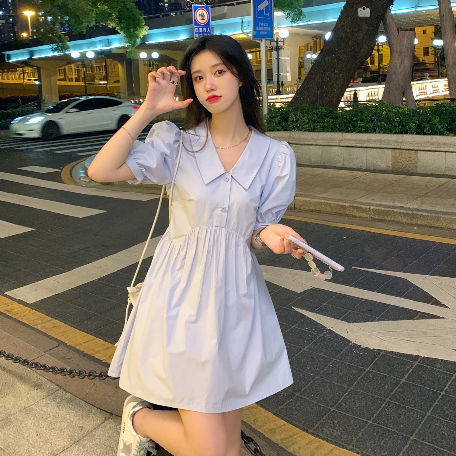 

3032 # hubble-bubble sleeve shirt dress female temperament first love of tall waist show thin polo brought A word