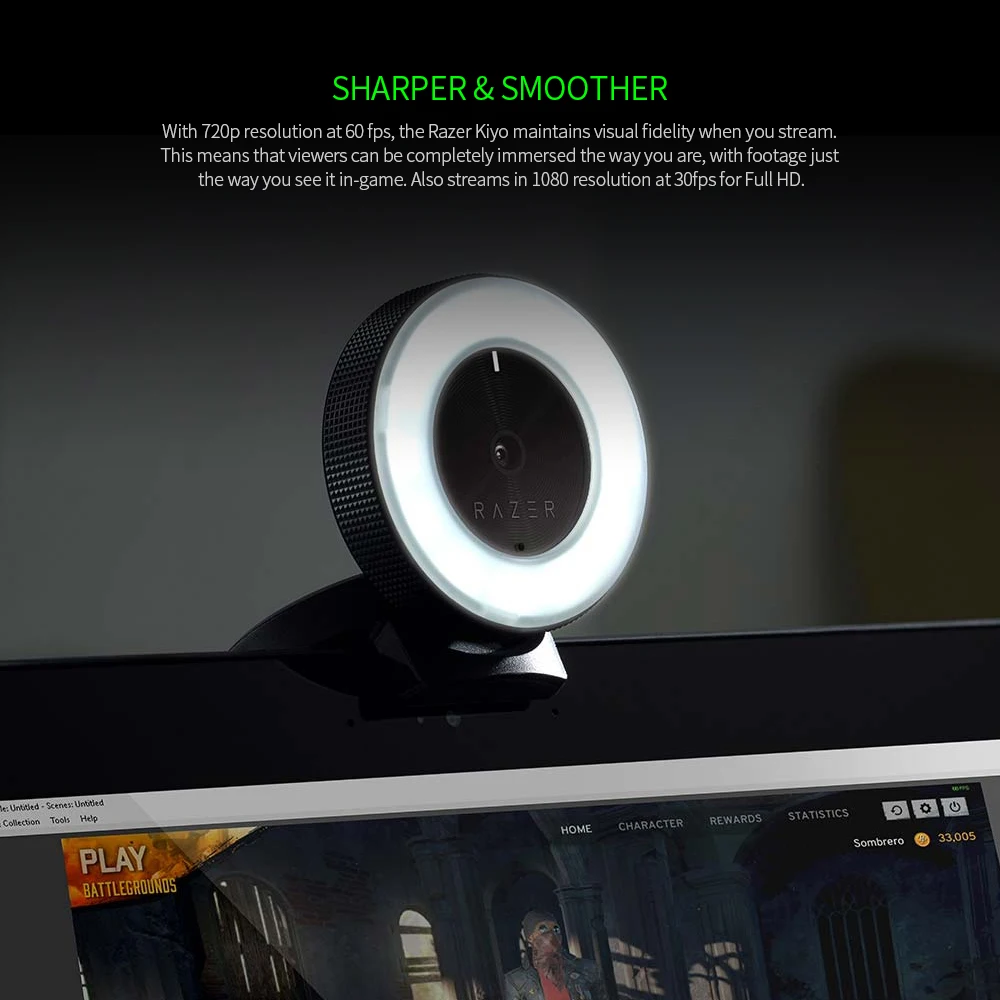 

Razer Kiyo 1080P Desktop Streaming Camera Webcam with Multi-step Ring Light Lamp for Tik Tok Live Streaming Black