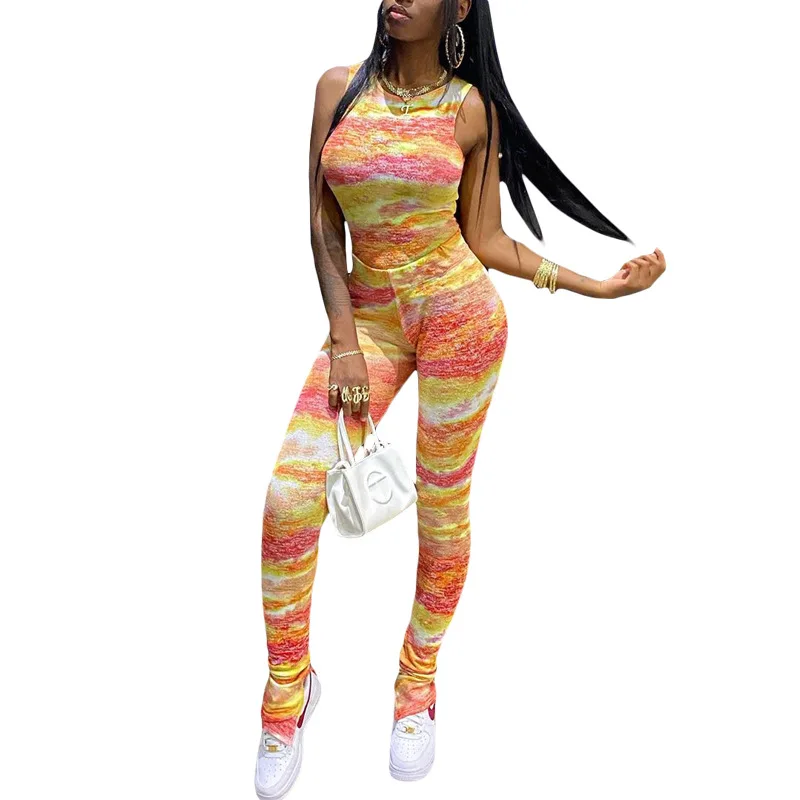 

92S1738237 Spring and autumn versatile street fashion women's printed sleeveless tight sports suit two piece set