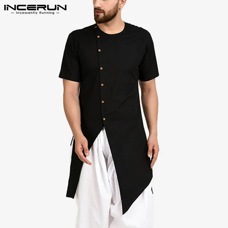 

INCERUN Men Shirt Indian Clothes Solid Color 2023 Short Sleeve Button Vintage Kurtas Streetwear Muslim Irregular Long Shirts Men