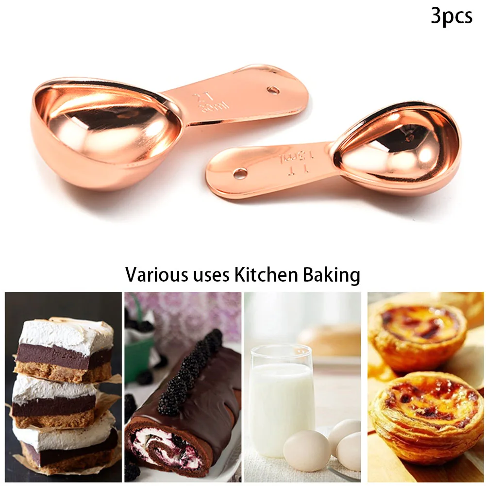 

3pcs Bar Coffee Scoop Lightweight Home Kitchen Dining Stainless Steel Rose Gold Measuring Spoon Universal Easy Clean Tablespoon