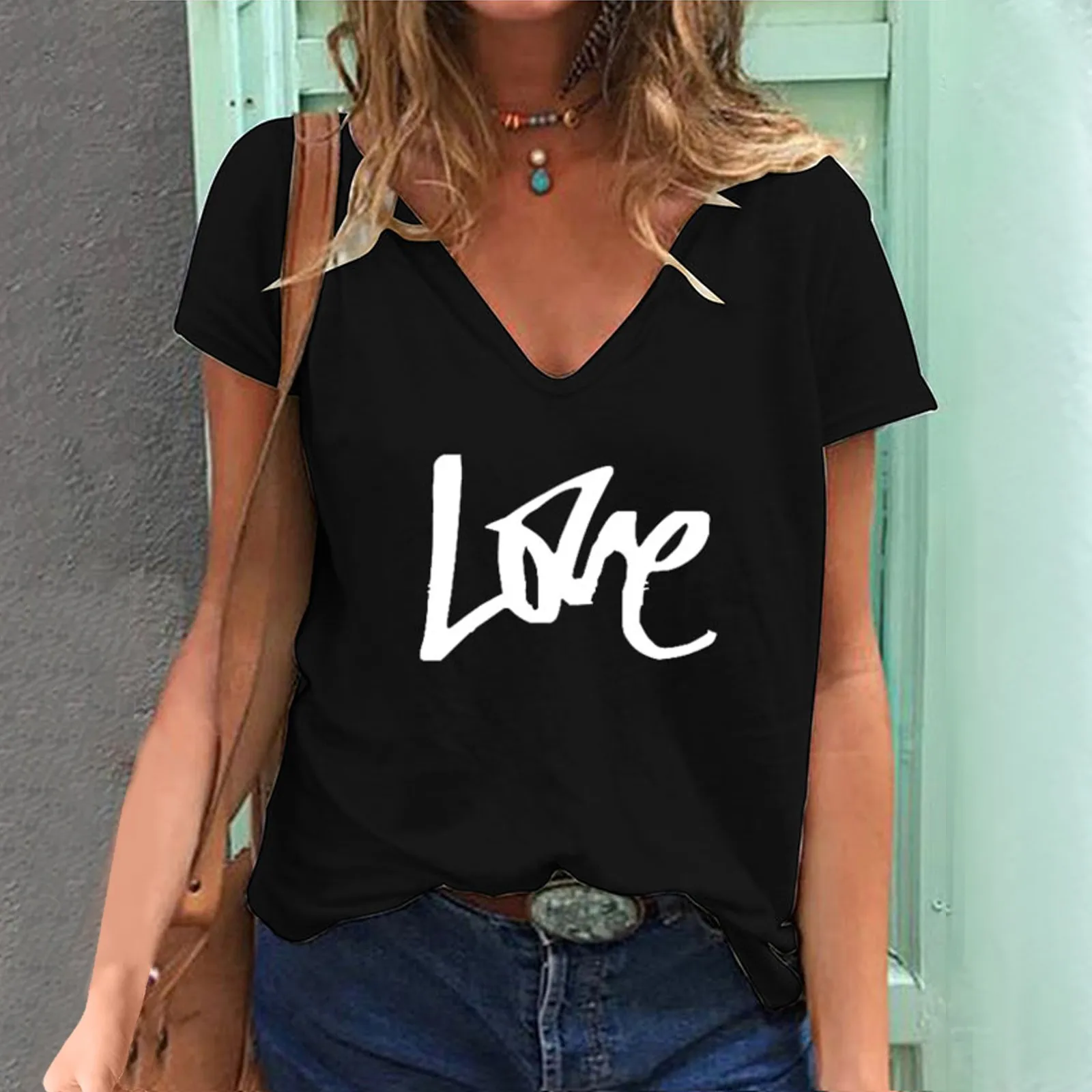 

Summer T-shirt Woman Clothes V-neck Short Sleeve T-shirts Love Print Tee Tops Female Clothing Harajuku Casual Top Women's Shirt