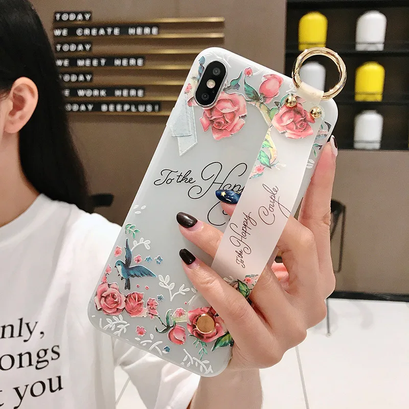 IK21-26WDCouple SoCouple Мягкий ТПУ чехол на запястье для iphone 7 8 6 6s plus 11 Pro Max X Xs max XR Рельефный цветочный Чехол-держатель для телефона - Цвет: IK21-26WDCouple