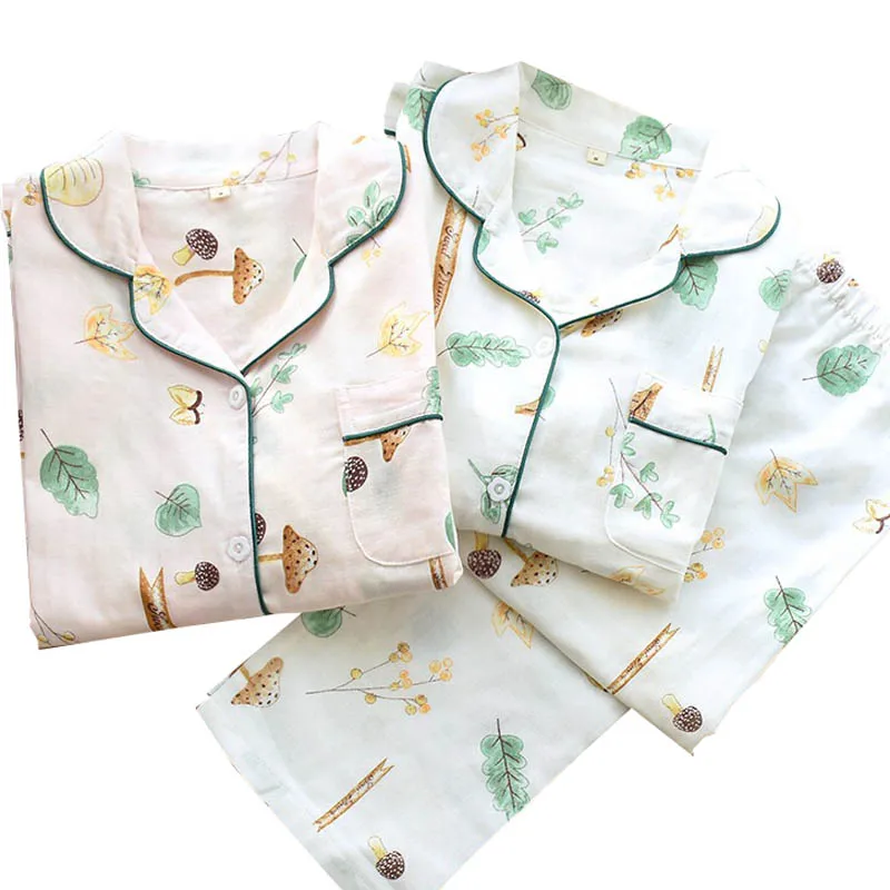 

Spring And Autumn New Ladies Sleepwear Leaves Printed Simple Style Full Sleeve Clothes+Pants 2pcs Pajamas Set Cotton Homewear