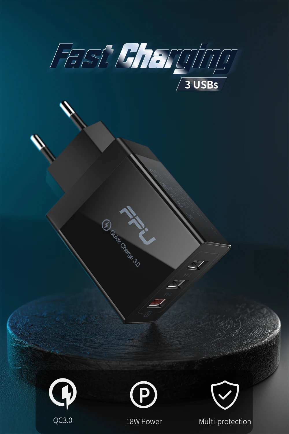 FPU 3 Port USB Charger 30W Quick Charge 3.0 2.0 Mobile Phone Charger for iPhone EU QC3.0 Fast Charger for Huawei Samsung S9+ S10