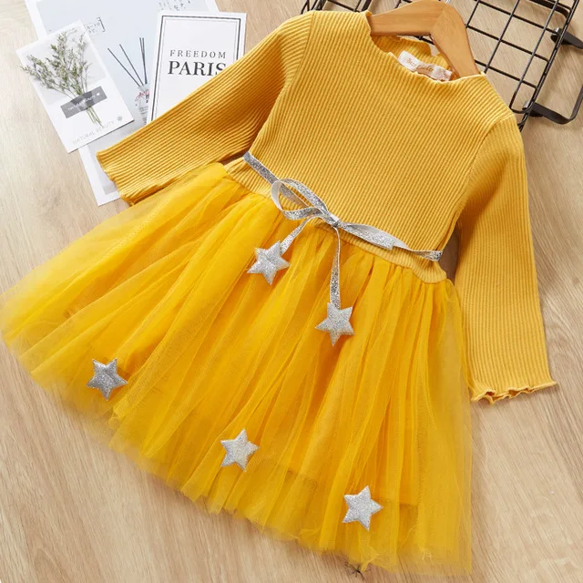 az1490 yellow Новое платье для девочек; сезон осень-зима; милое Сетчатое платье принцессы с длинными рукавами для девочек; детское праздничное платье; 2 От 6 до 7 лет; одежда для детей - Цвет: az1490 yellow