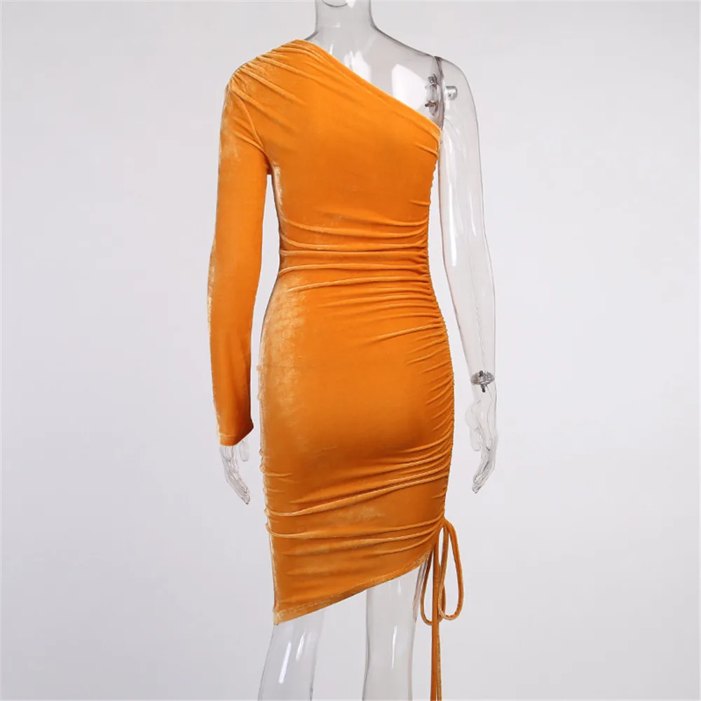 

Women Sexy Solid Color Long Sleeve Off The Shoulder Dress Irregular Neck Pleated Slim Elastic Bodycon Female Spring Clothing