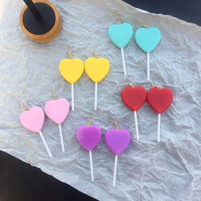 

AVEBIEN Sweet Girl Heart Candy Color Lollipop Heart Shaped Long Hanging Earrings for Women 2020 Trendy Women Dangle Earrings