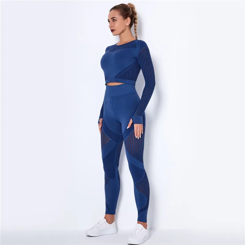 

Women Sport Suit 2 Piece Fitness Tracksuit Set Gym Workout Clothes Long Sleeve Crop Top+High Waist Leggings Fitness Yoga Sets