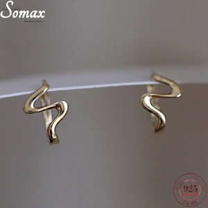 925 Sterling Silver korean 14K Gold Plated Wave Pattern Ear Buckle Womens Simple Smooth Temperament Ins Small Ear Hoop Earrings