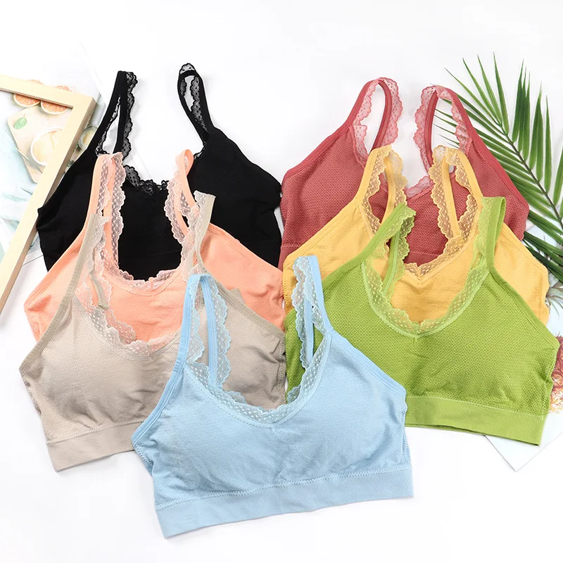 Новая бесшовная кружевная кофта-топ с фиксированной чашкой на груди красивая