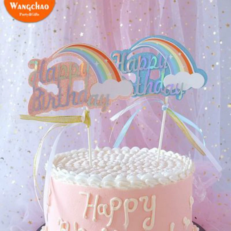 Красочная радуга Искусственный розовый и синий Топпер для кексов Детские