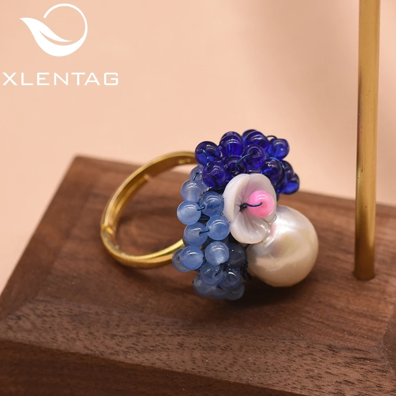 

XlentAg 925 Sterling Silver Natural Pearl Blue Stone Shell Flower Ring For Women Wedding Gift Handmade Ring Fine Jewelry GR0230B