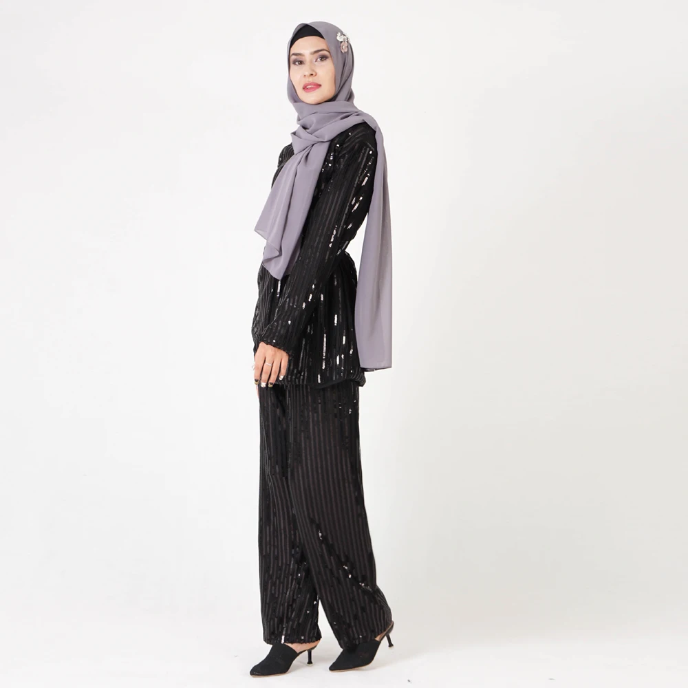 Мусульманский Макси костюм вышивка блесток длинный рукав кардиган Туника Ближний Восток Рамадан Арабский исламский кафтан комплект из двух предметов топ брюки