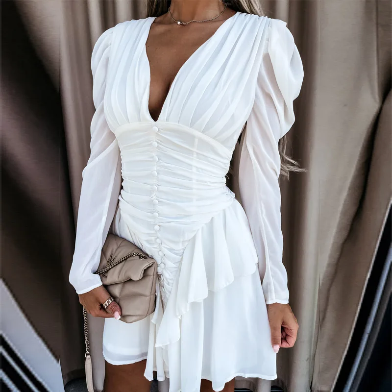 

2021 New Women Deep V-Neck Sexy Mini Dress Autumn Full Sleeve Draped Solid Ladies Dress Fashion Elegant Streetwear Dropshipping