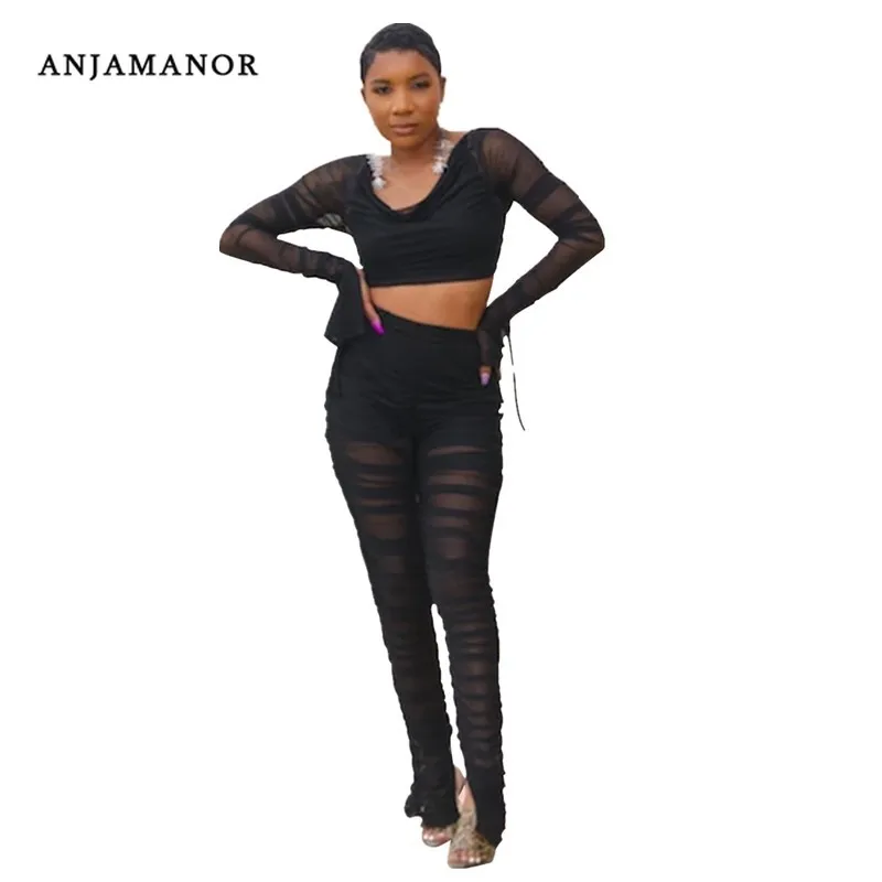 ANJAMANOR Ruched Mesh с длинными рукавами 2 предмета сексуальные Клубные наряды для женщин