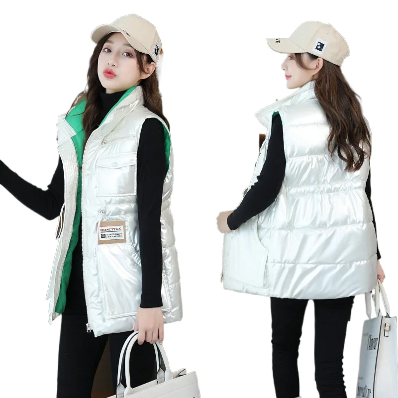 

Lingwave 2021 Autumn Winter Fashion Glossy Cotton Vest Women Short Loose Color Matching Waist Drawstring Stand Collar Waistcoat