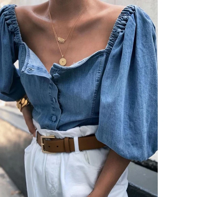 2019 Женская Сексуальная джинсовая с открытыми плечами блузка фонарь длинным