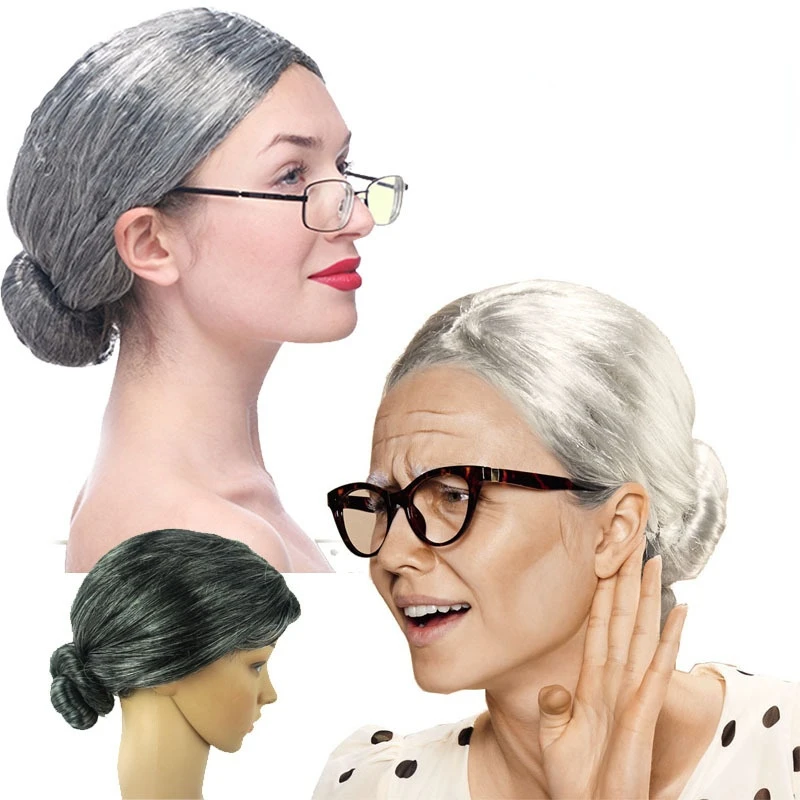 Old Lady Dress Up Costume Set - Grey Granny Wig Accessory Set for Women and Girls Christmas Halloween Cosplay