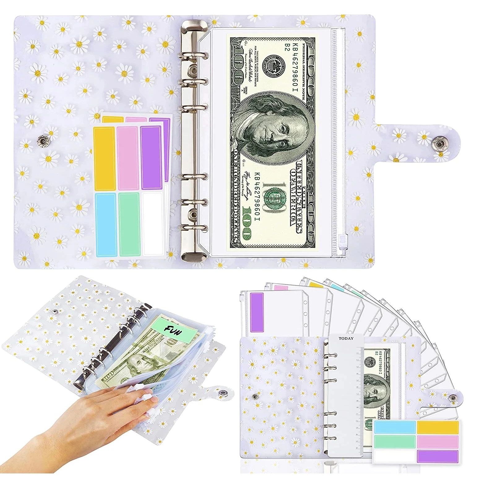 

15 Pieces A6 Daisy PVC Binder Cover Budget Planner and 12 Clear Binder Pockets Organizer,Colored Labels for Budgeting